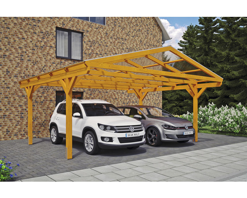 Carport double SKAN HOLZ Westerwald avec ancre de poteau 570 x 541 cm chêne clair