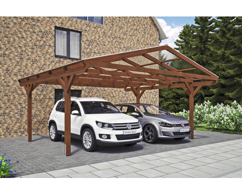 Carport double SKAN HOLZ Westerwald avec ancre de poteau 570 x 541 cm noyer Double carport en bois avec deux voitures garées