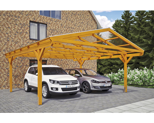 Doppelcarport aus Holz mit zwei geparkten Autos