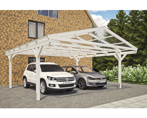 Carport double SKAN HOLZ Westerwald avec ancre de poteau 570 x 648 cm blanc Double abri de voiture en bois avec deux voitures