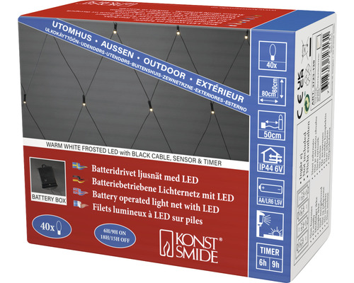 Guirlande lumineuse Konstsmide avec LED blanc chaud, câble noir, détecteur et minuteur pour l''extérieur, emballage