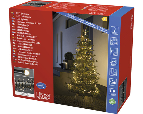 LED-Lichterkette mit schwarzem Kabel und Konstsmide Logo auf der Verpackung