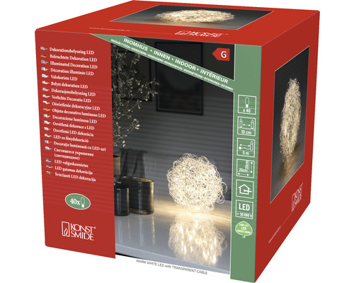 Verpackung einer LED Dekoleuchte für den Innenbereich mit warmweissem Licht und transparentem Kabel