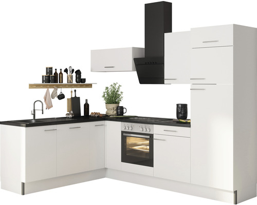 Cuisine complète avec évier, cuisinière et hotte aspirante