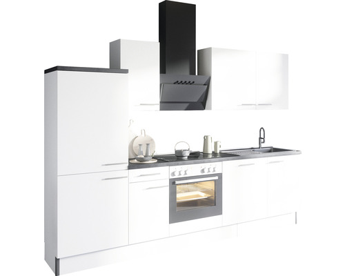 Cuisine équipée avec évier, cuisinière, four, hotte aspirante et armoires