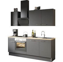 Cuisine avec meubles hauts et bas, hotte aspirante, évier, plaque de cuisson et four