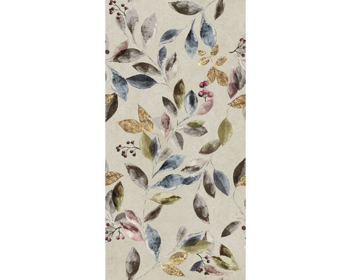 Feuilles décoratives et baies sur fond neutre.