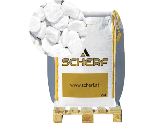 Marmorkies Carrara-Weiss 16-25 mm 1000 kg Bigbag Sack mit weißen Zierkieseln auf einer Palette