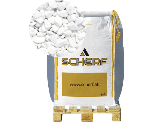 Marmorkies Carrara-Weiss 5-12 mm 1000 kg Bigbag Sack mit weißen Zierkieseln auf einer Palette, Detailansicht der Kiesel, Scherf Logo