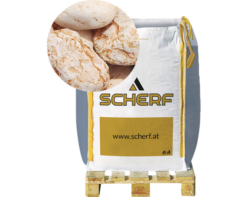 Graviers de marbre Verona-rouge 40-60 mm 1000 kg Bigbag Unité d''emballage de gravier décoratif sur une palette avec un gros plan des pierres individuelles