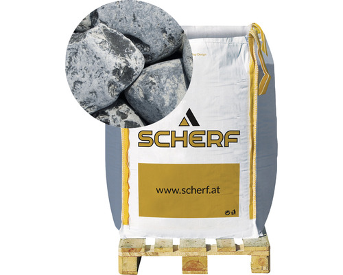 Marmorkies Ebano-Schwarz 40-60mm 1000 kg Bigbag Sack Zierkiesel auf Palette mit Detailaufnahme