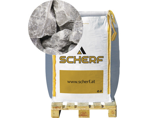 Marmorbruch Grau-Weiss 25-50mm 1000 kg Bigbag Big Bag mit grauen Marmorsteinen auf einer Holzpalette