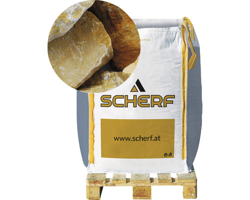 Marmorbruch Gold-Ocker 50-100 mm 1000 kg Bigbag Sack mit Ziersteinen auf Palette mit Schärf Logo