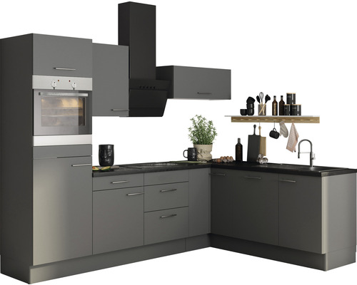 Cuisine grise avec four intégré, hotte aspirante et élément haut
