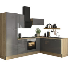 Cuisine intégrée moderne avec hotte aspirante, évier et armoire suspendue