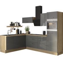 Cuisine complète avec évier, cuisinière, hotte aspirante et four intégré au design gris-brun