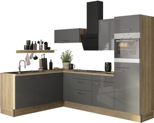 Cuisine complète avec évier, cuisinière, hotte aspirante et four intégré au design gris-brun