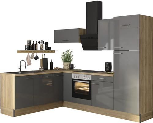 Cuisine d'angle sans appareils Optifit OPTIkoncept Jonte984 anthracite/chêne sauvage largeur 200x270 cm variante droite KCJO 2720ROE-8+