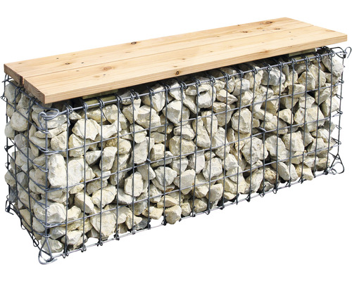 Banc en gabion avec pierres et assise en bois
