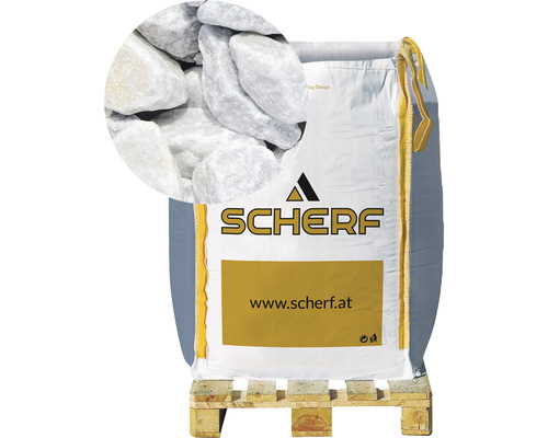 Marmorbruch Wolken-Weiss 25-50 mm 1000 kg Bigbag Sack Zierkies auf Palette mit Markenemblem der Firma Scherf