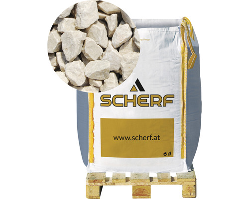 Marbre concassé Chat.-beige 16-25 mm 1000 kg Bigbag Sac de gravier décoratif sur une palette, gros plan du gravier décoratif