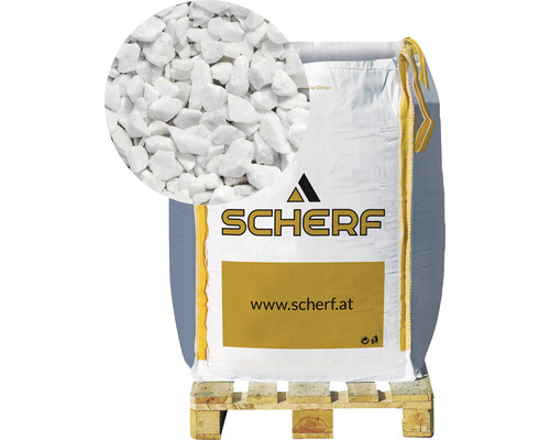 Marbre de Carrare concassé blanc 9-12 mm 1000 kg Bigbag Sac de graviers décoratifs blancs sur une palette, avec vue détaillée