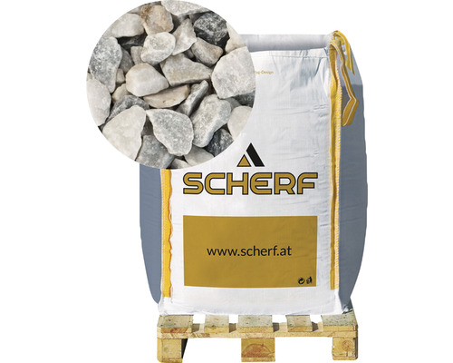 Marbre concassé nuages-blanc 16-25 mm 1000 kg Logo Scherf, sac de graviers décoratifs sur palette avec vue détaillée