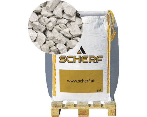 Marmorsplitt Silber-Grau 8-12mm 1000 kg Bigbag Sack mit Zierkies auf einer Palette mit dem Scherf Logo