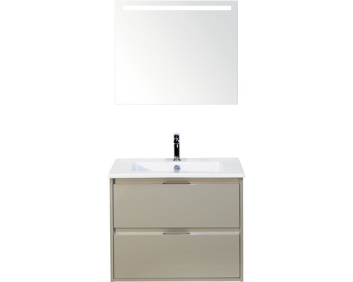 Set de meubles de salle de bains sanox Porto 70 cm gris silice 3 pièces meuble bas avec lavabo en céramique et miroir LED