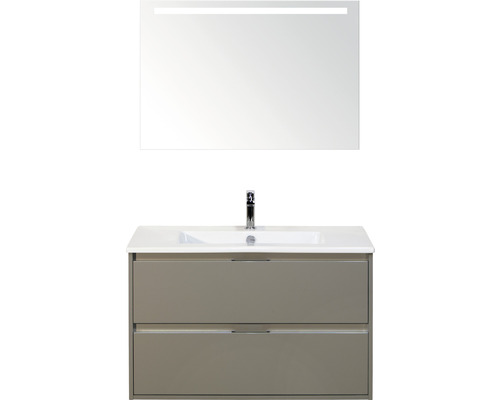 Badmöbel-Set sanox Porto 90 cm cubanit grey 3-teilig Unterschrank inkl. Keramikwaschbecken und LED-Spiegel
