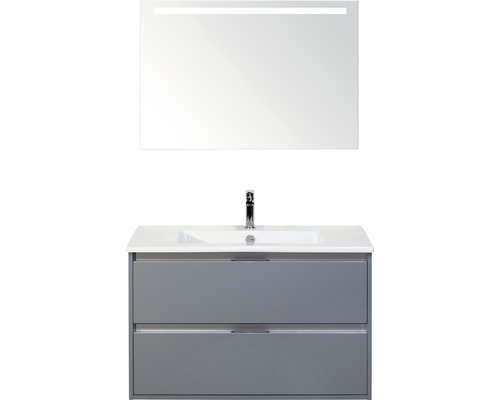 Set de meubles de salle de bains sanox Porto 90 cm ice green 3 pièces meuble bas avec lavabo en céramique et miroir LED