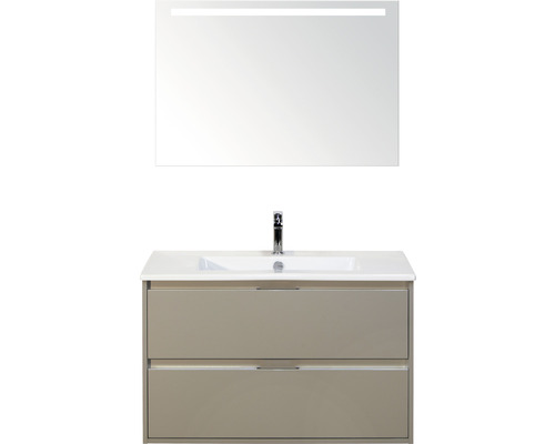 Set de meubles de salle de bains sanox Porto 90 cm gris silice 3 pièces meuble bas avec lavabo en céramique et miroir LED