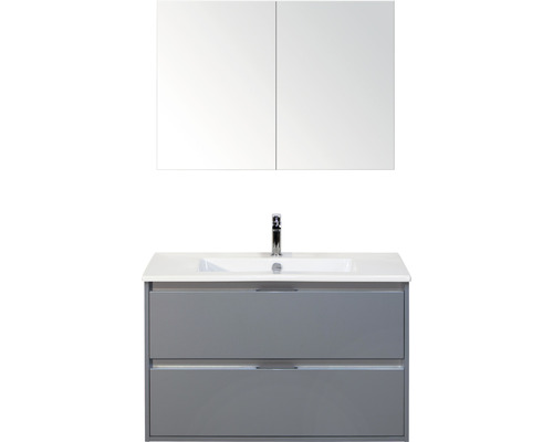 Set de meubles de salle de bains sanox Porto 90 cm ice green 3 pièces meuble bas avec lavabo en céramique et armoire à miroir