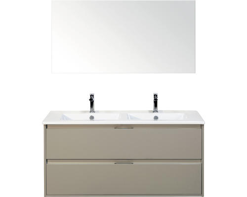 Set de meubles de salle de bains sanox Porto 120 cm gris silice 3 pièces meuble bas avec lavabo double en céramique et miroir