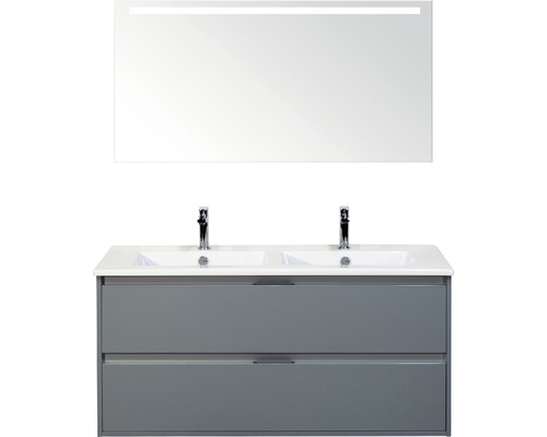 Set de meubles de salle de bains sanox Porto 120 cm ice green 3 pièces meuble bas avec lavabo double en céramique et miroir LED