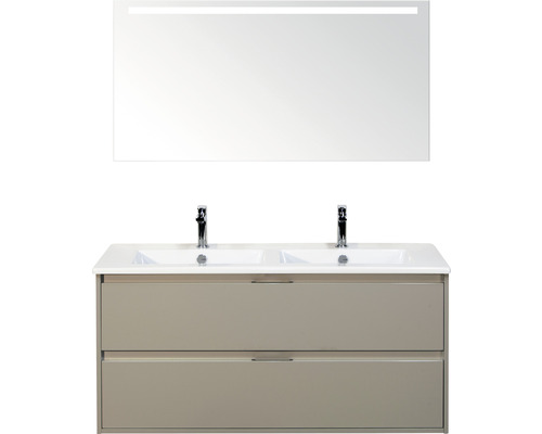 Set de meubles de salle de bains sanox Porto 120 cm gris silice 3 pièces meuble bas avec lavabo double en céramique et miroir LED