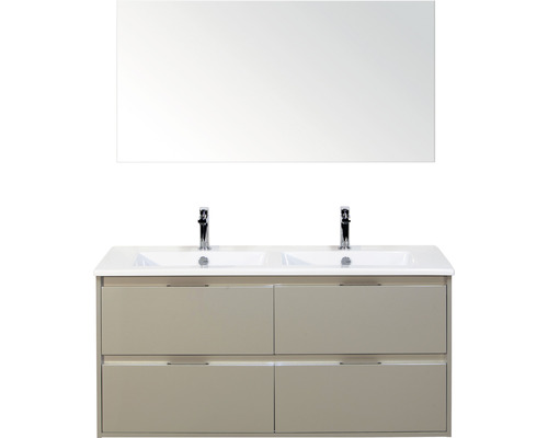 Set de meubles de salle de bains sanox Porto 120 cm gris silice 3 pièces meuble bas avec lavabo double en céramique et miroir