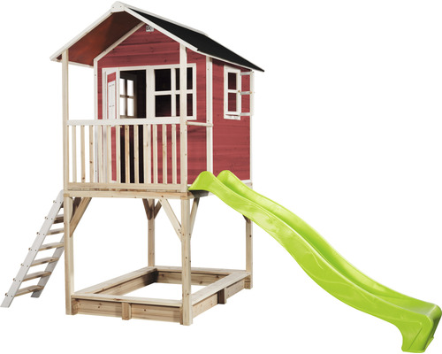 Maisonnette avec toboggan et bac à sable en bois