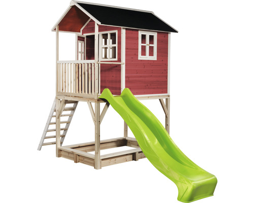 Cabane de jeu avec toboggan et bac à sable en bois