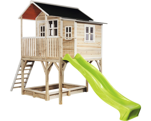 Cabane de jeu en bois avec toboggan et bac à sable