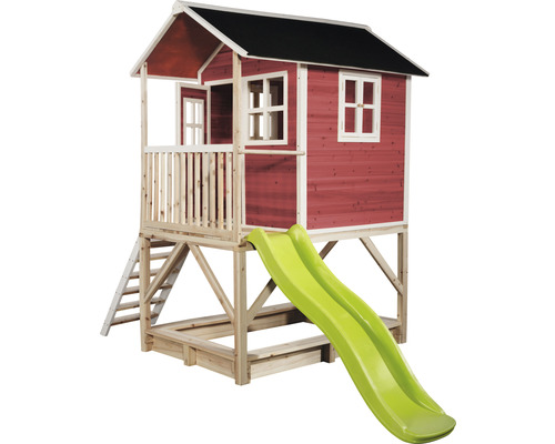 Cabane de jeux en bois avec toboggan, échelle et bac à sable