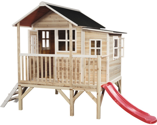 Spielhaus aus Holz mit Rutsche und Leiter