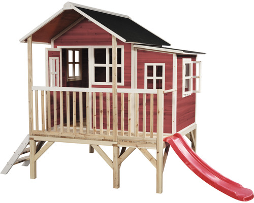 Spielhaus aus Holz mit Rutsche und überdachter Veranda