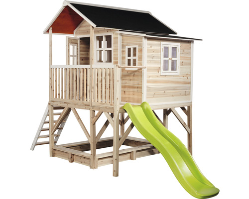 Holzspielhaus mit Rutsche, Leiter und Sandkasten