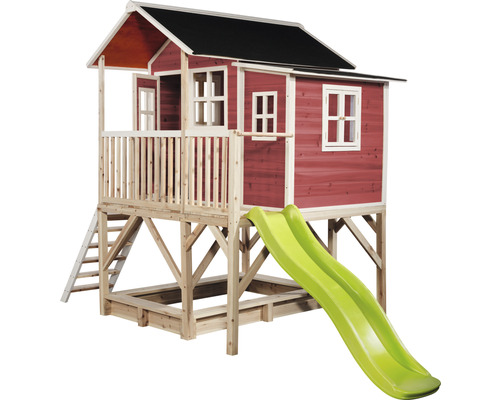 Maisonnette avec toboggan et bac à sable en bois