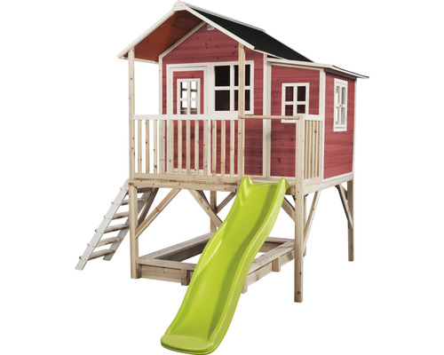 Cabane de jeu en bois avec toboggan et bac à sable