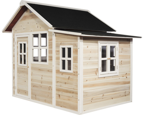 Maisonnette en bois avec fenêtres et porte