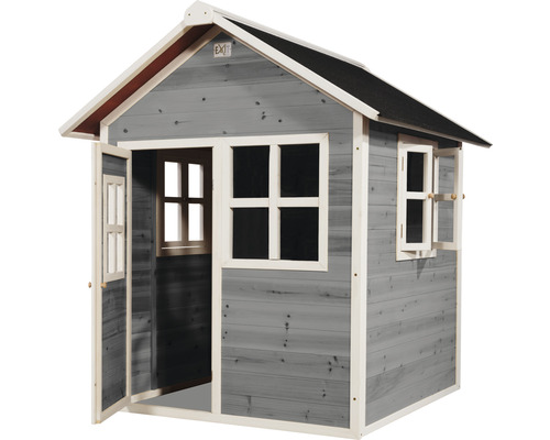 Maison de jeux en bois grise avec porte et fenêtres