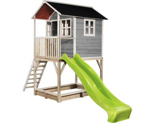 Maisonnette avec toboggan et bac à sable en bois