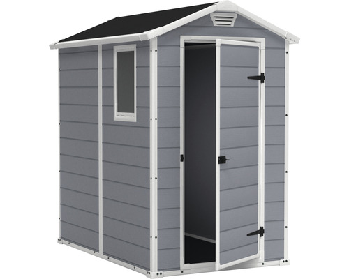 Gartenschuppen mit Fenster und geöffneter Doppeltür